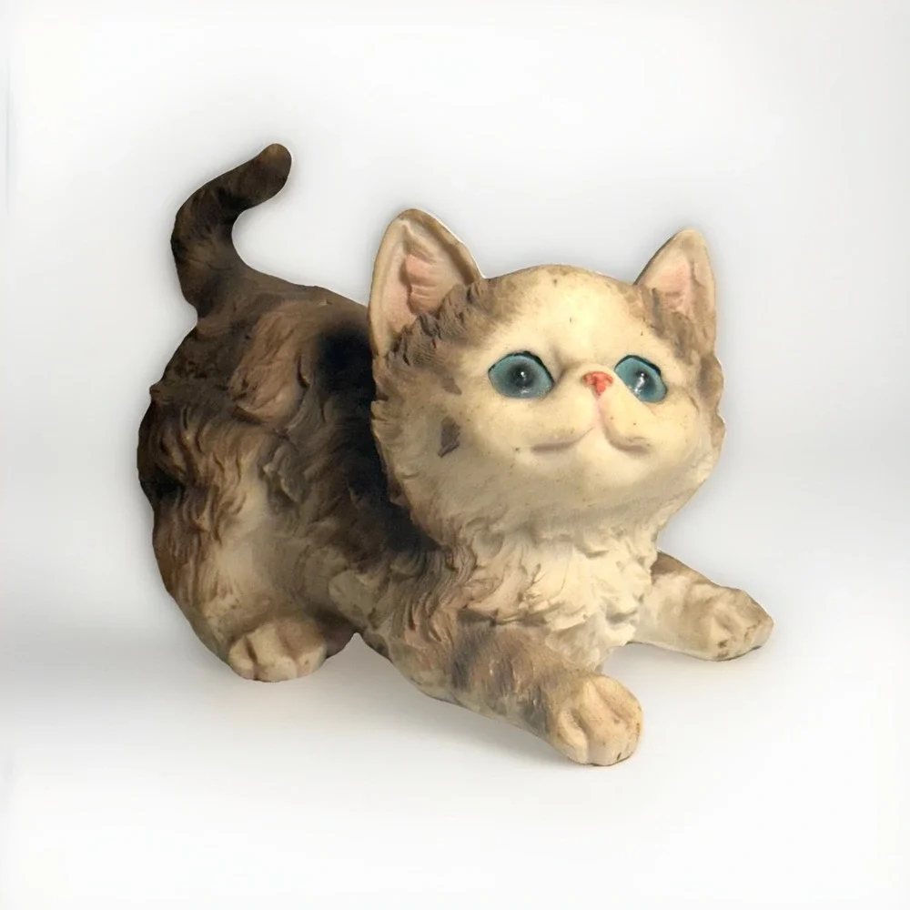 Vintage Kitten Figurine Brown & White Cat with Blue Eyes – 1990s Walmart
